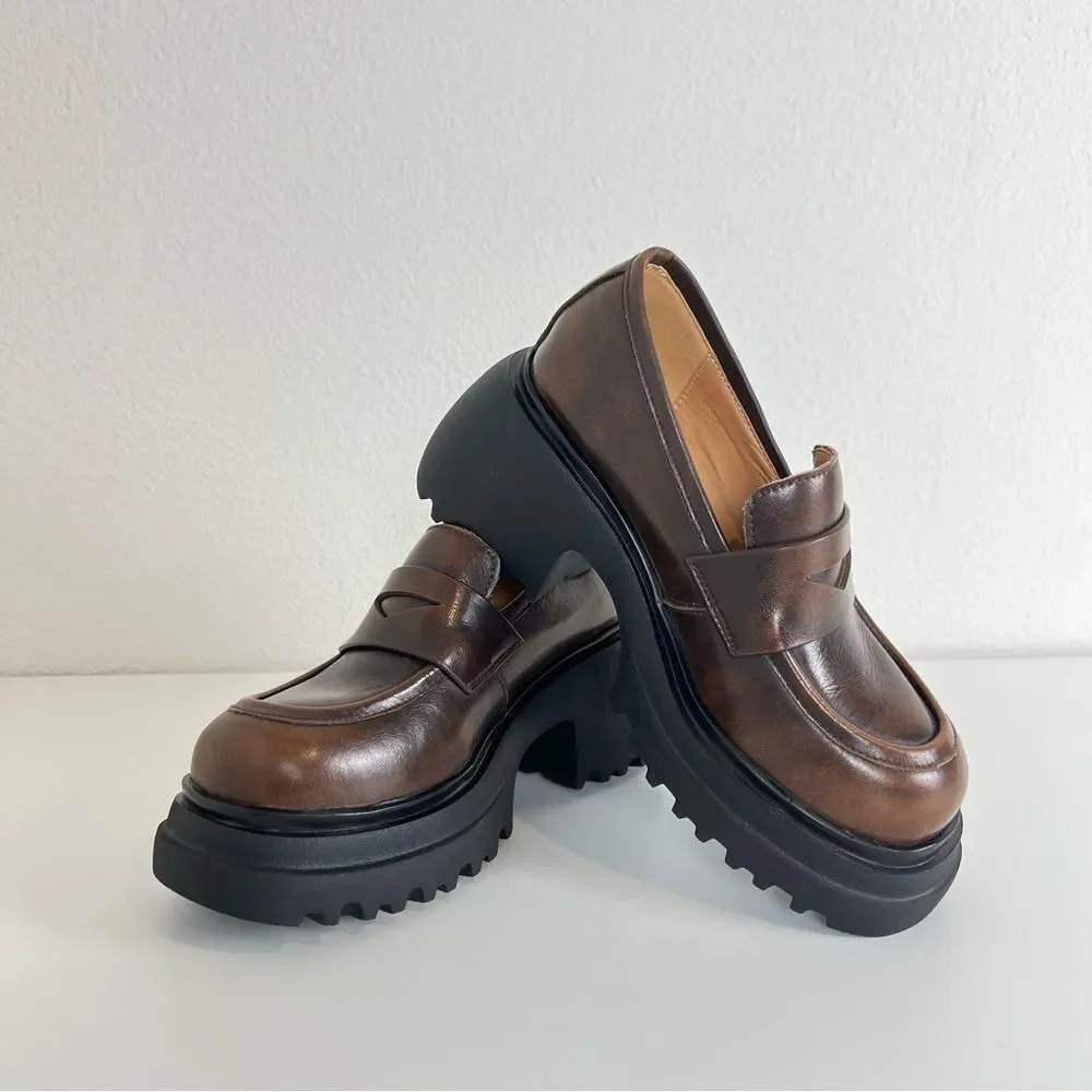Dwarves Chunky Cowhide Penny Loafers Platform Lug Sole Slip On Preppy‎ Shoes 5